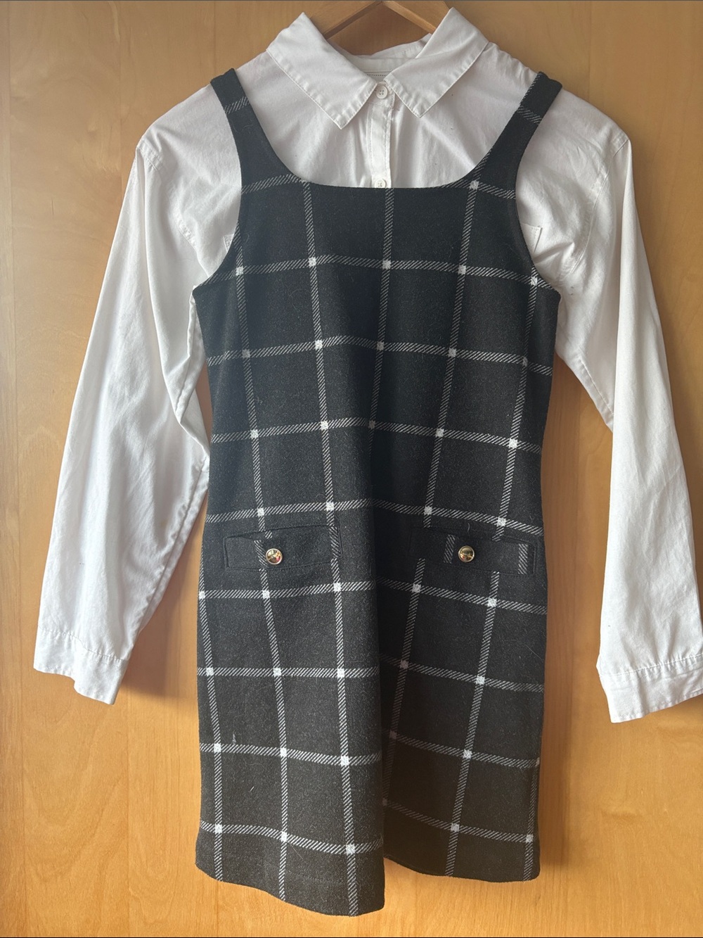 Abercrombie & Fitch Black Windowpane Plaid Pinafore dress and white shirt
